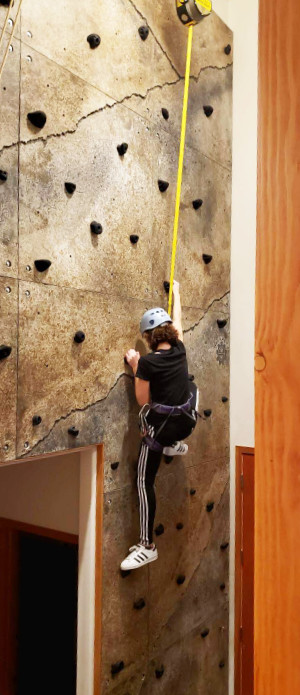 A climbing wall installed in the entryway to a Seattle home.